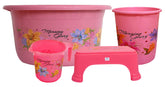 Heart Home Printed 4 Pieces Unbreakable Virgin Plastic Multipurpose Mug, Stool, Dustbin & Tub Set (Pink)
